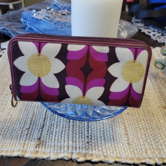 Fossil Leather Floral Zip Around Long Wallet Coated Canvas Pink Cream Retro EUC - Picture 7 of 13